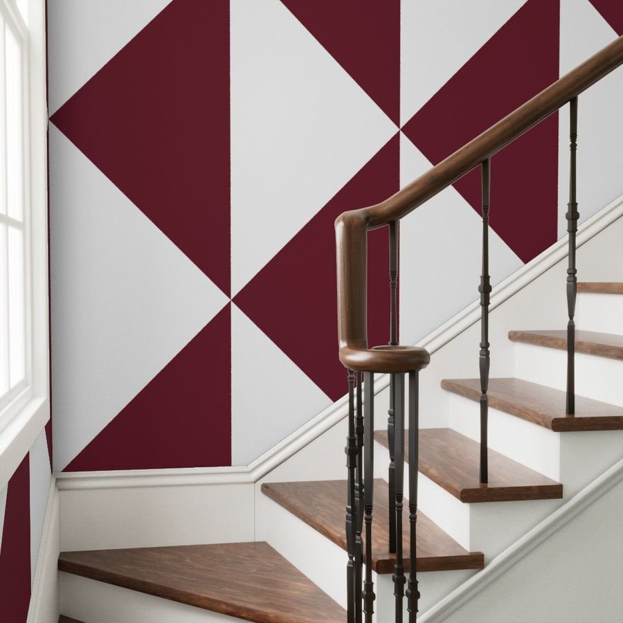 Bold Deep Burgundy and White Oversized Geometric Diamond Wallpaper mockup view