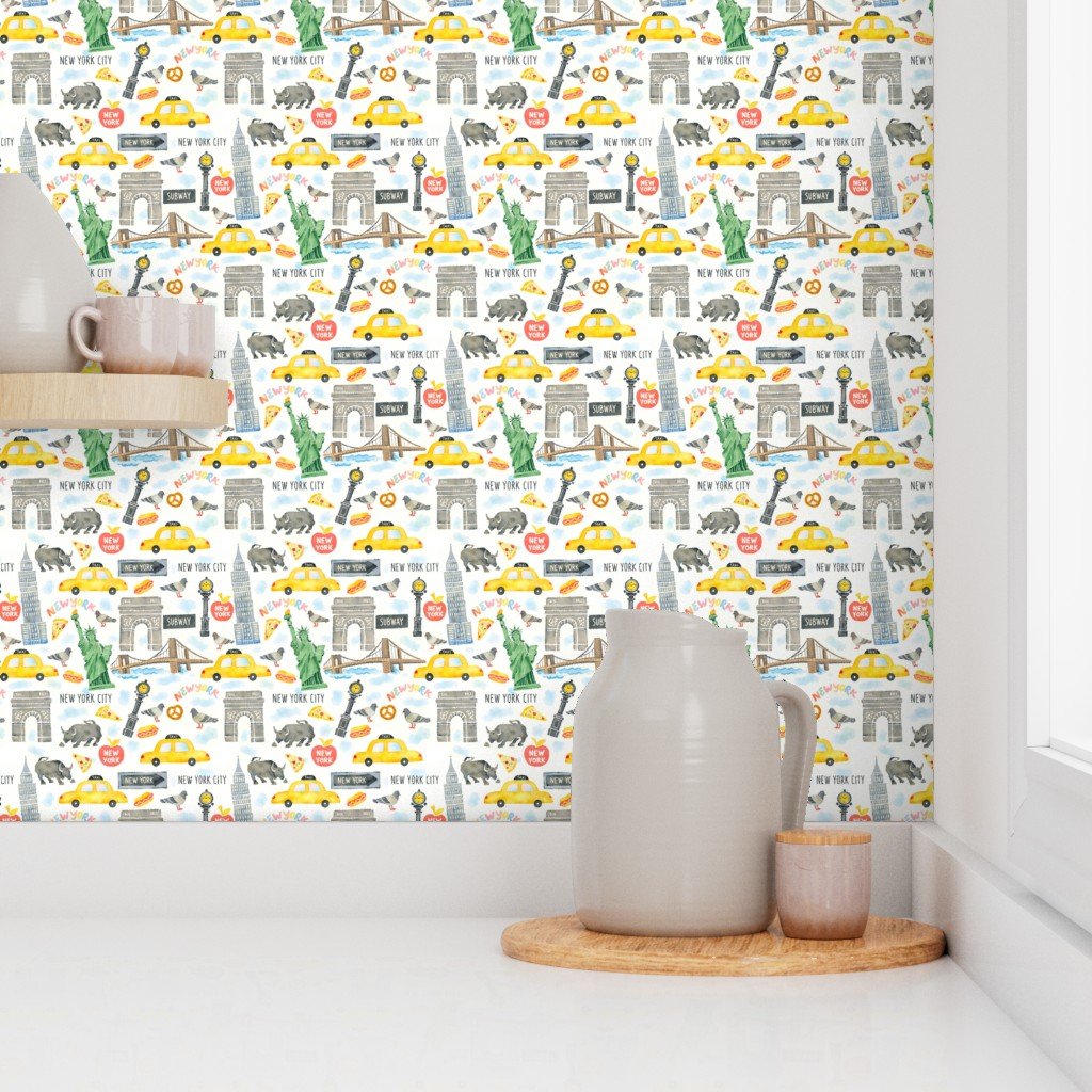 New York City Watercolor Motifs with Empire State and Statue of Wallpaper yellow taxi wallpaper