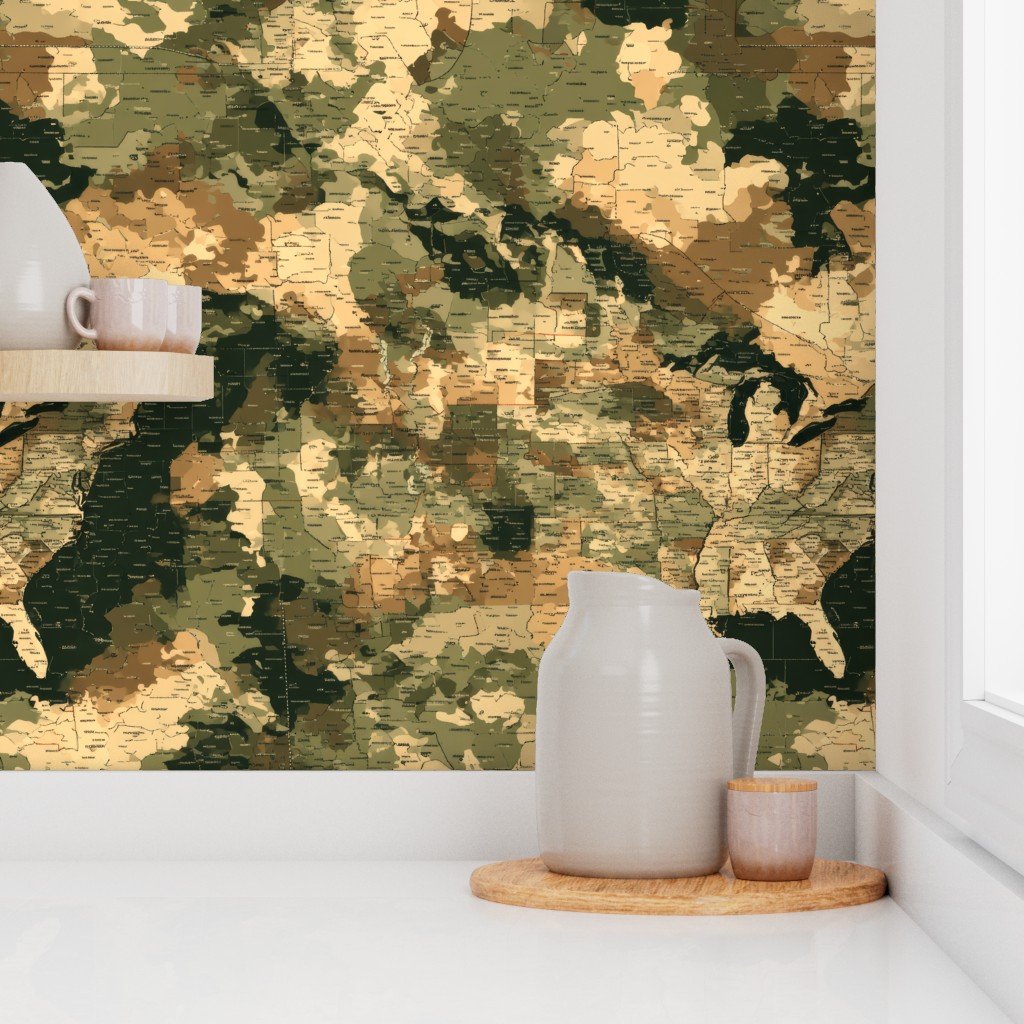 USA State Outline Camouflage in Sand and Deep Forest Wallpaper earth tone wallpaper