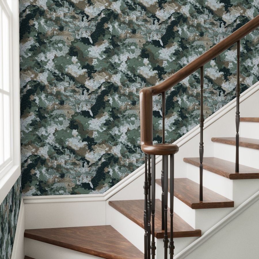 USA State Outline Camouflage in Sage Green and Slate Wallpaper earth tone wallpaper