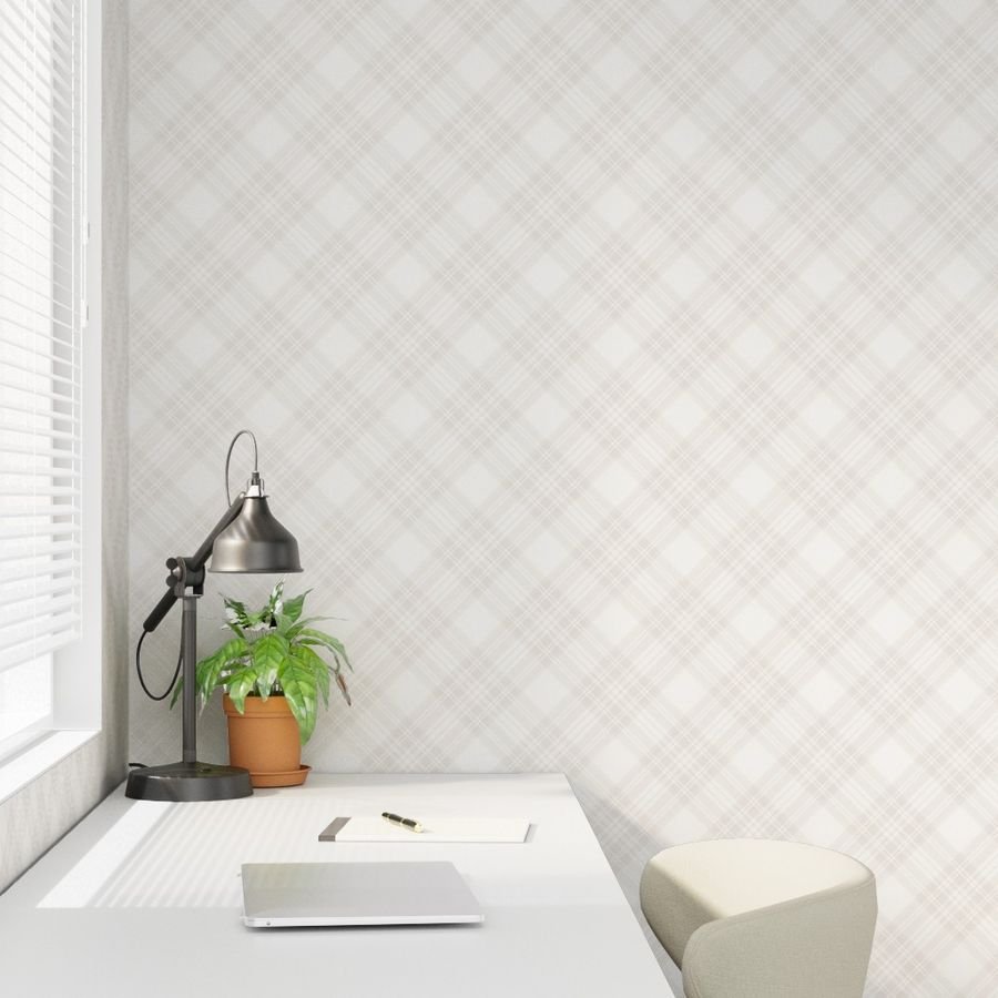 Soft Bone White Large Traditional Tartan Plaid Pattern Diagonal 45 Deg Wallpaper beige plaid wallpaper