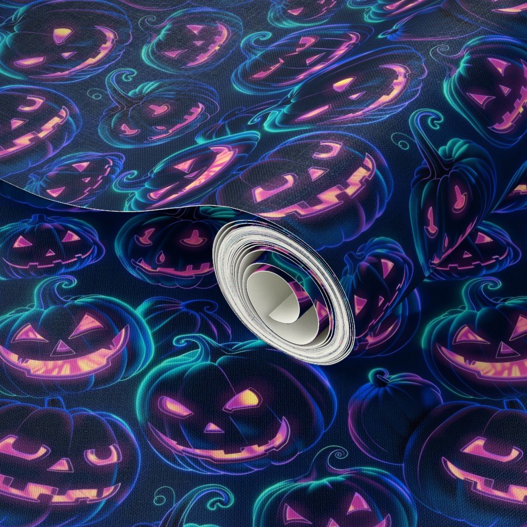 Small Neon Blue Halloween Pumpkins Glowing in the Dark Wallpaper neon pumpkin pattern wallpaper