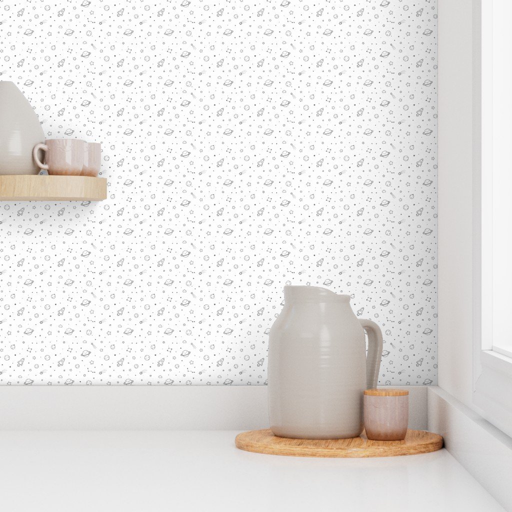 Minimal Black And White Space Doodle Pattern With Planets Rockets Star Wallpaper hand drawn wallpaper