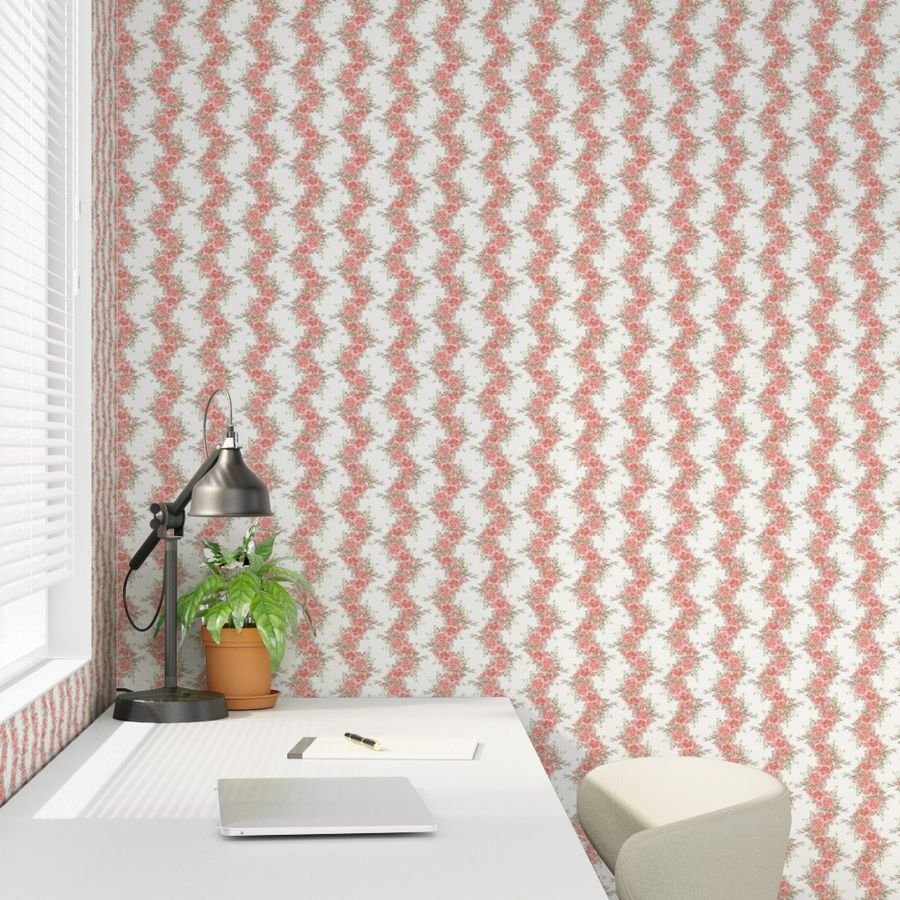 Vintage English Garden Small Coral Pink Rose Stripe Pattern on White Wallpaper botanical wallpaper
