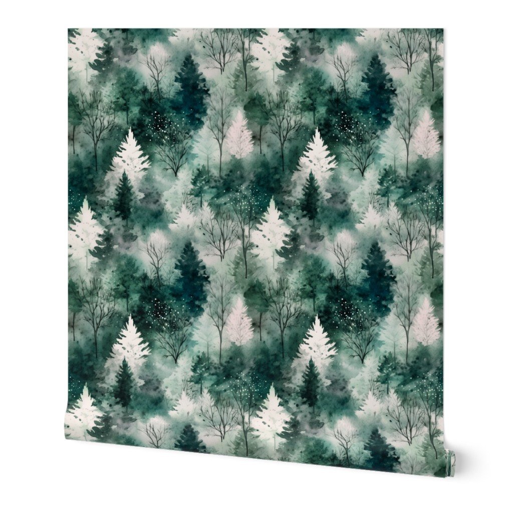 Small Endless Winter Tree Dreamscape Trees in Cool Teal Misty Forest Wallpaper cool tone wallpaper