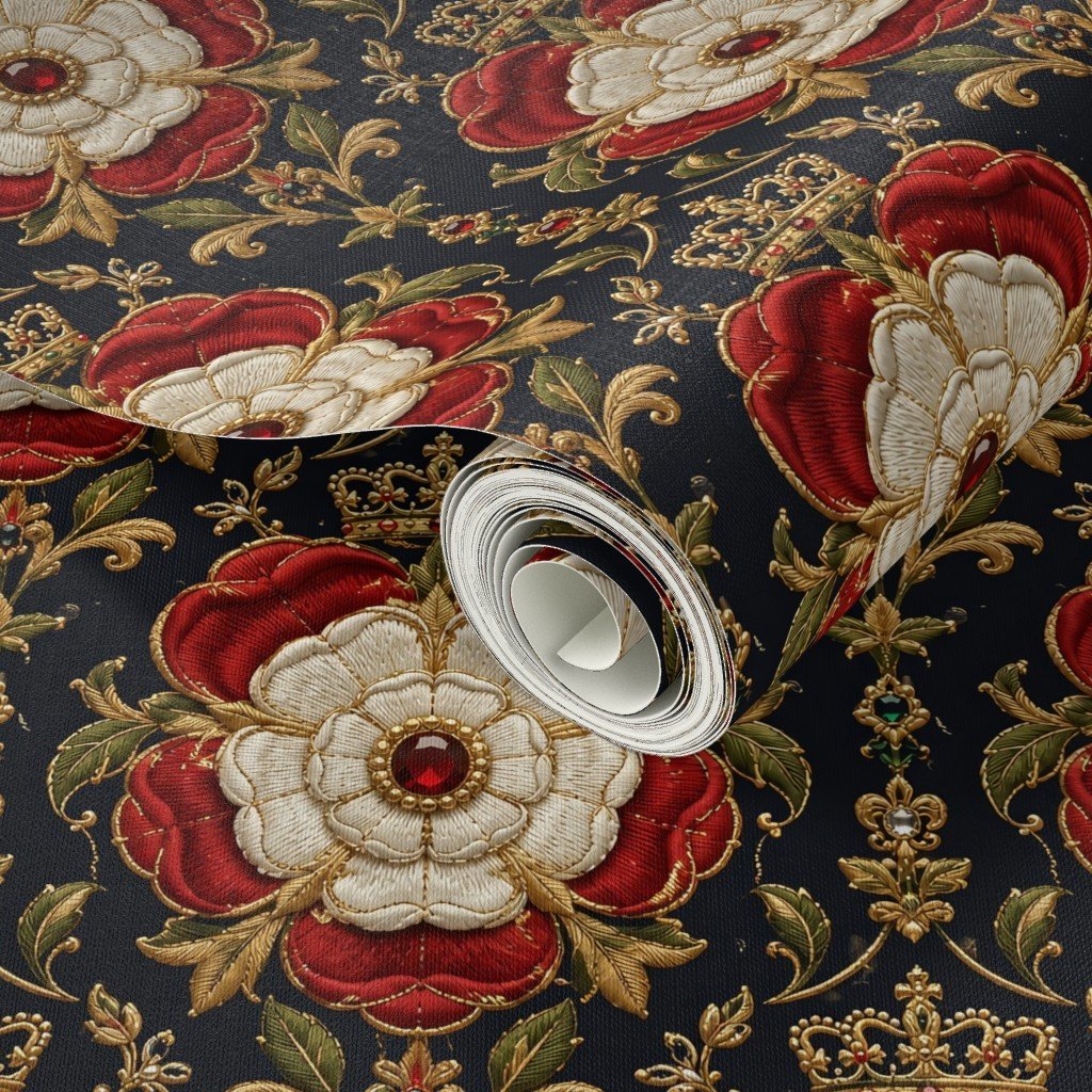 Large Royal Tudor Rose Crown Damask on Midnight Black Wallpaper jewel tone wallpaper