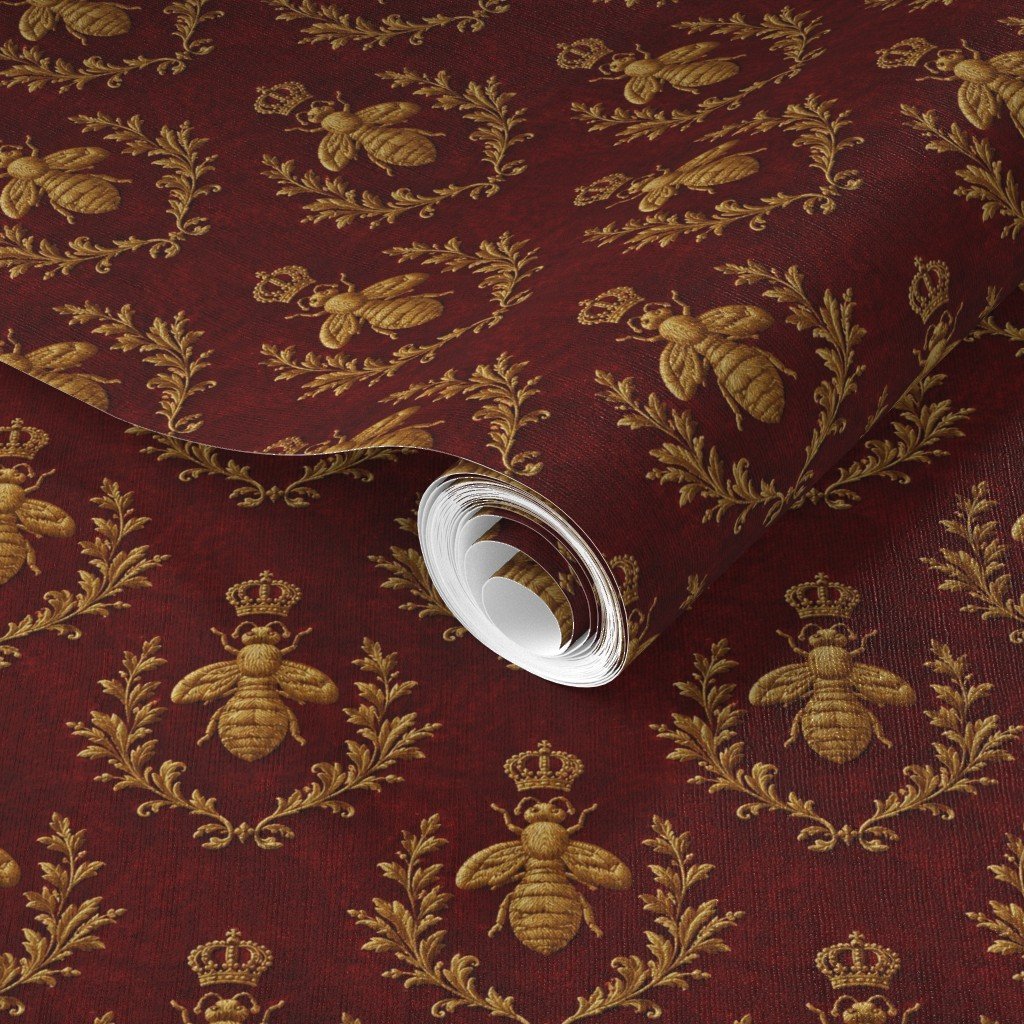 Small Napoleonic Royal Bee and Laurel Wreath Pattern on Crimson Red Wallpaper bee pattern wallpaper