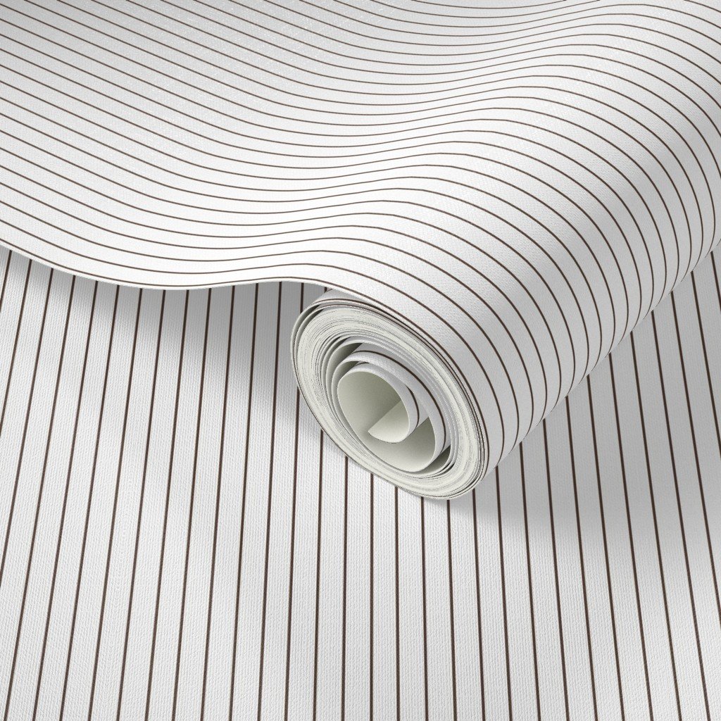 Classic Chocolate Brown Pinstripe on White Office Stripe Pattern Wallpaper banker stripe wallpaper