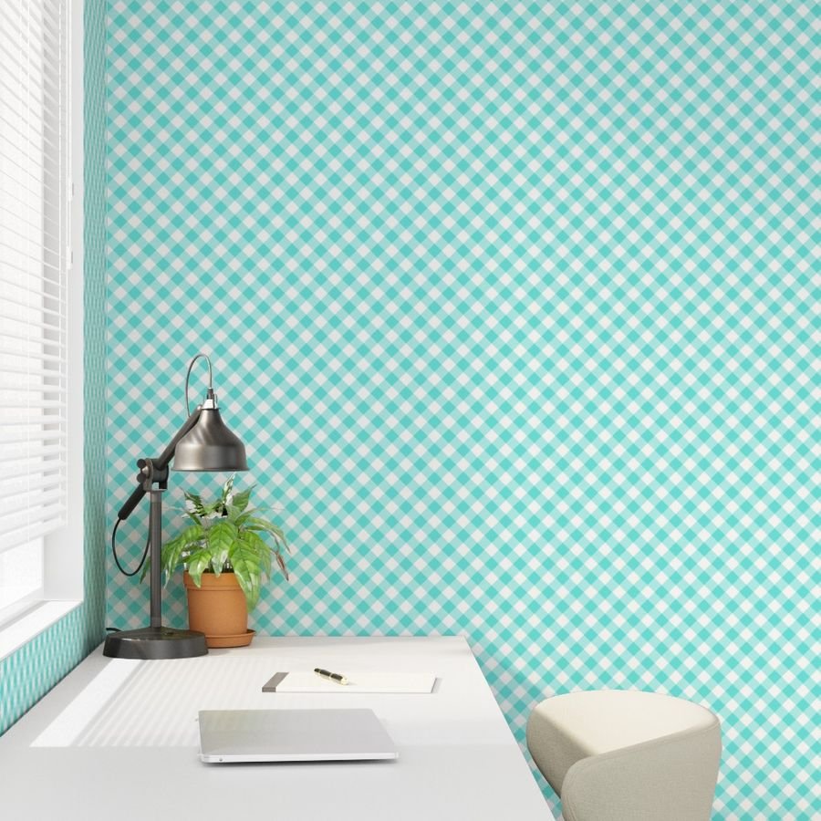 Turquoise Teal Gingham Check Plaid Wallpaper checkered wallpaper