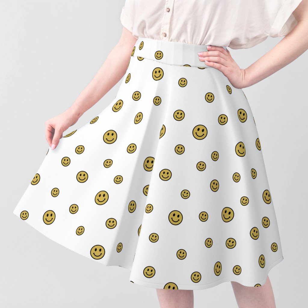 Retro Yellow Smiley Faces on White Fabric happy faces fabric