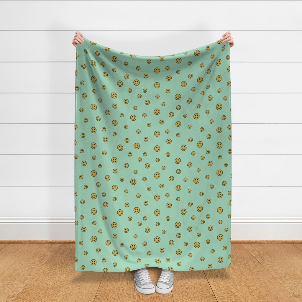 Retro Yellow Smiley Faces on Mint Green Fabric kids room fabric