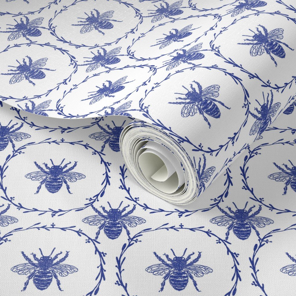Royal Blue Honey Bees in Wreaths Wallpaper honey bees wallpaper