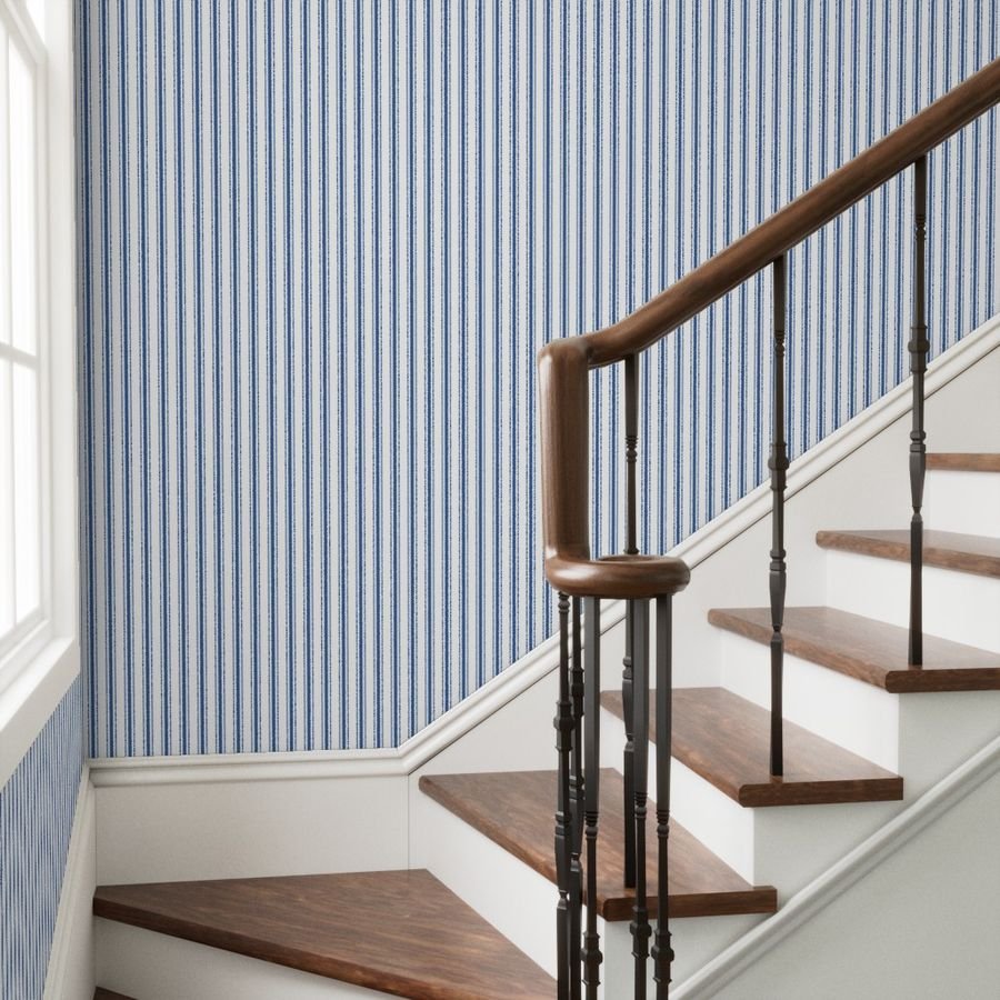 Mattress Ticking Wide Striped Pattern in Dark Blue and White Wallpaper dark blue wallpaper