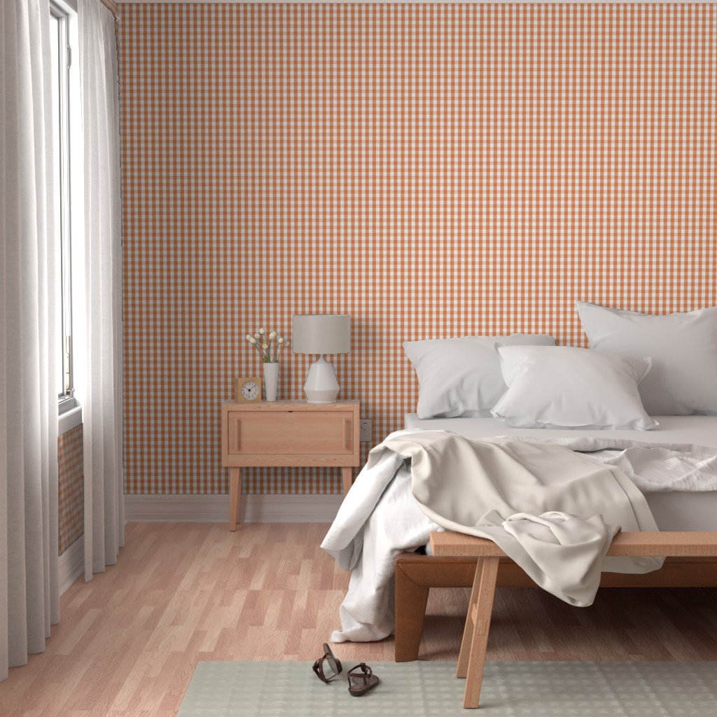 Nasturtium Orange Gingham Check Plaid Wallpaper bright orange wallpaper