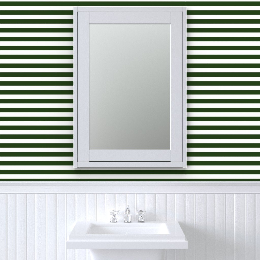Forest Green and White Big 1-inch Beach Hut Horizontal Stripes Wallpaper big stripe wallpaper