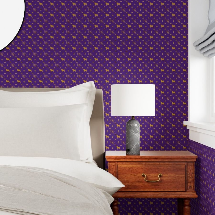 WKC Pugs on Purple and Gold Wallpaper pug dog wallpaper