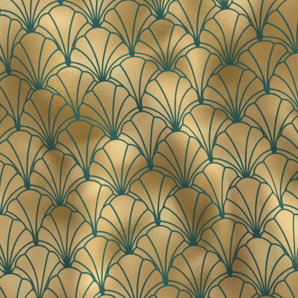 Teal and Faux Gold Foil Vintage Art Deco Scallop Shell Pattern Home Decor Collection Design Collection teal and gold fabric