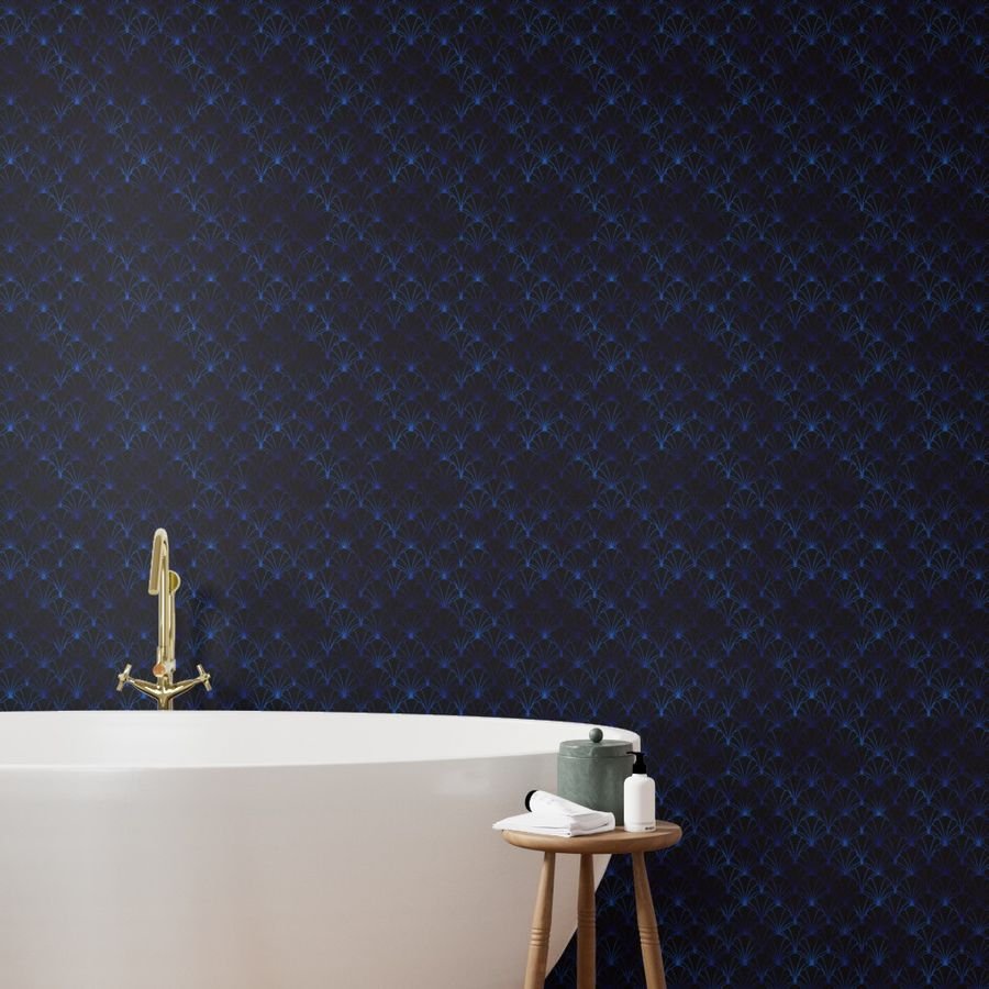 Scallop Shells in Black and Classic Blue Art Deco Vintage Faux Foil Wallpaper art deco wallpaper