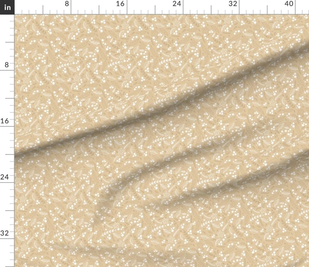 Christmas Beige and White Small Holly and Mistletoe Repeat on Pale Fabric design