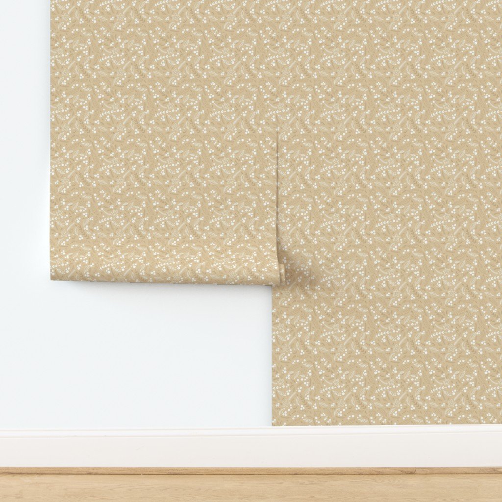Christmas Beige and White Small Holly and Mistletoe Repeat on Pale Wallpaper design