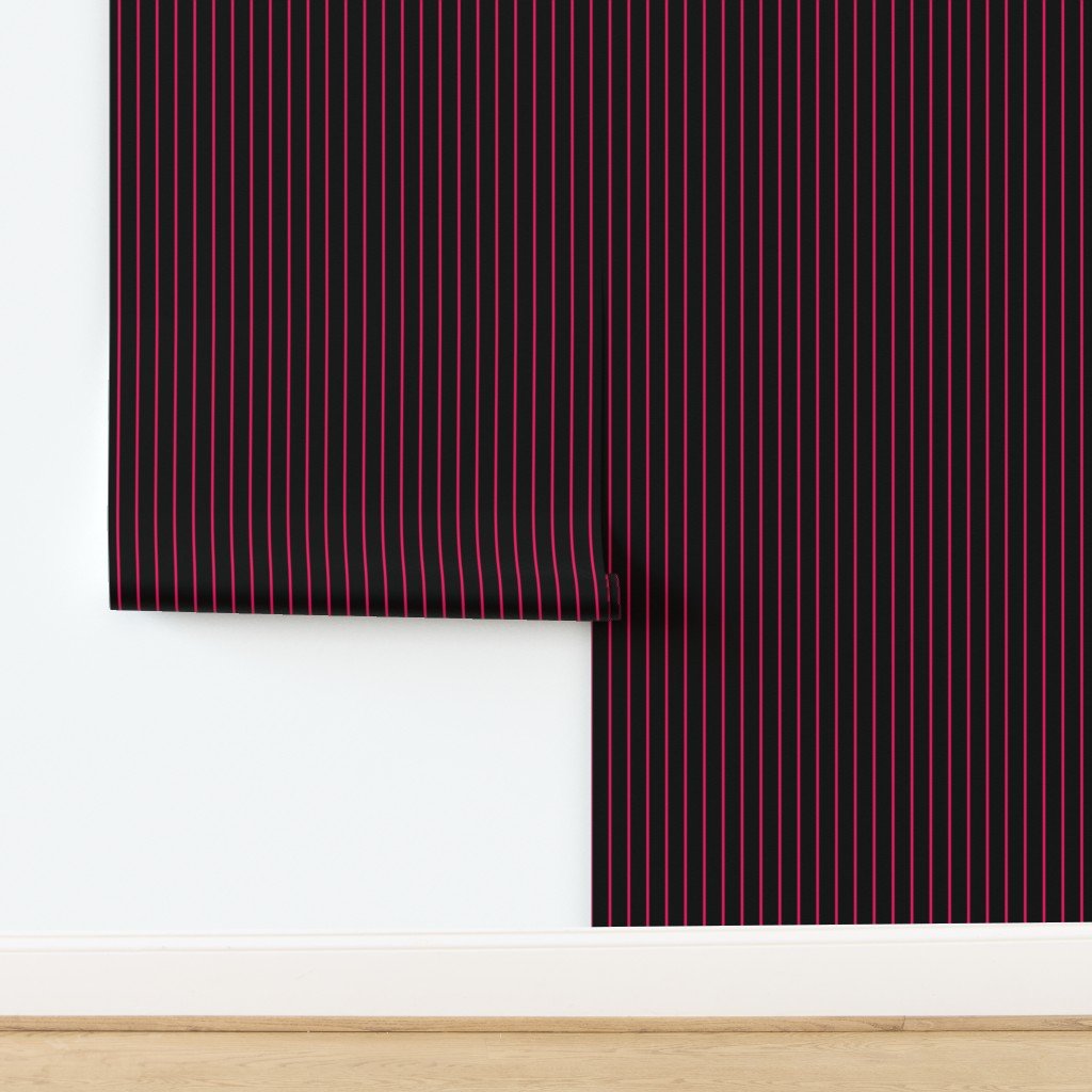 Classic wider 1 Inch Bright Hot Pink Pinstripe on a Black Background Wallpaper design