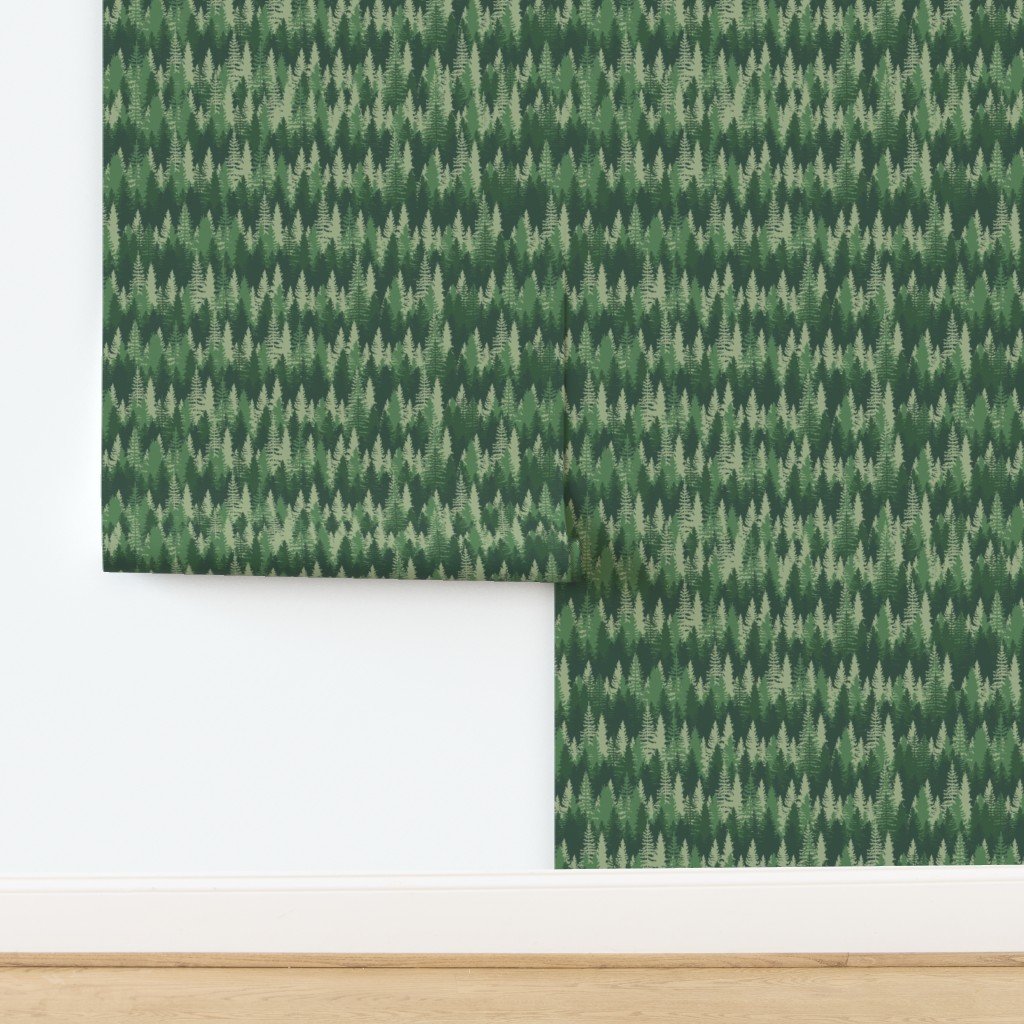 Endless Evergreen Forest with Fir Trees in Shades of Green Wallpaper design