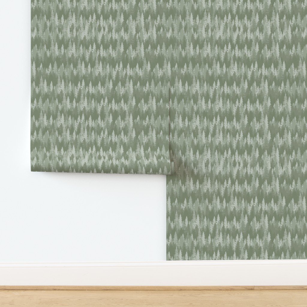 Endless Evergreen Forest with Fir Trees in Shades of Sage Green Wallpaper design