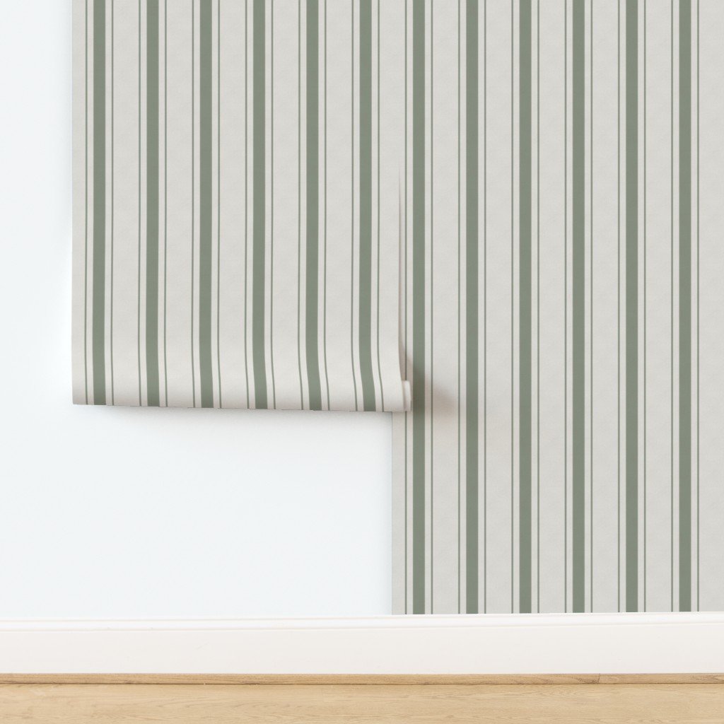 Fern Green Antique Vintage Mattress Ticking Stripe on Cream Wallpaper design