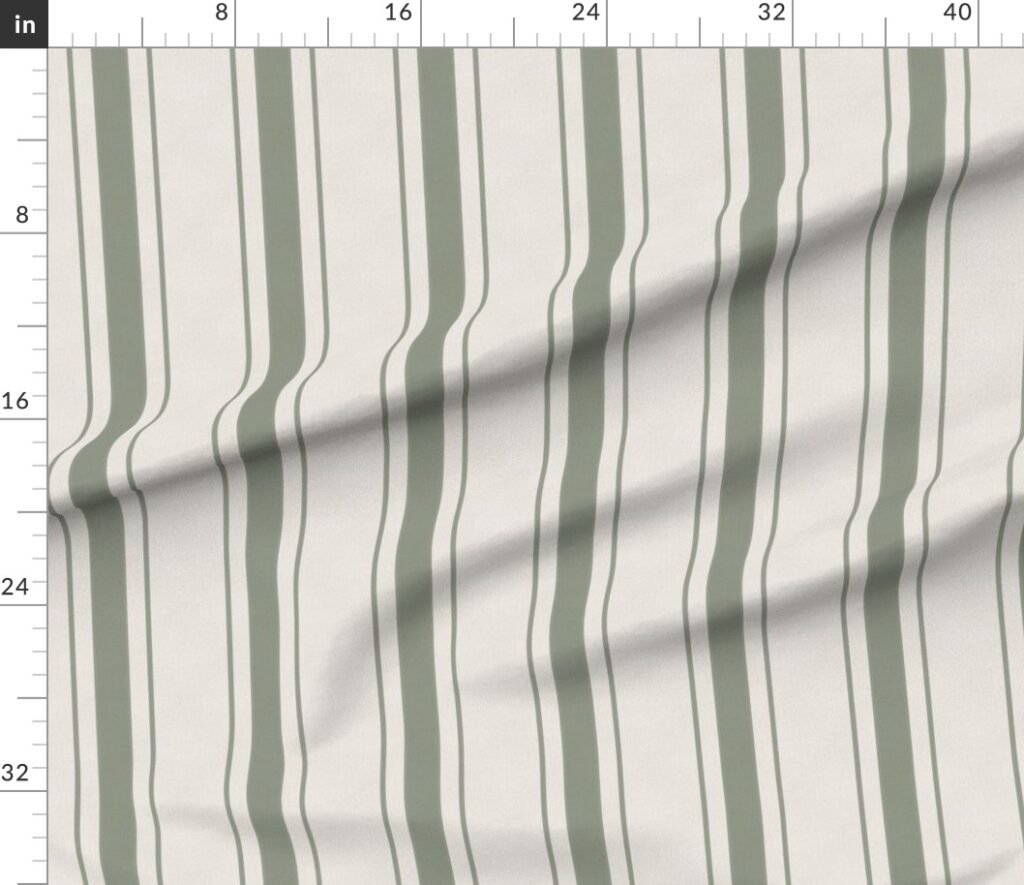 Fern Green Antique Vintage Mattress Ticking Stripe on Cream Fabric design