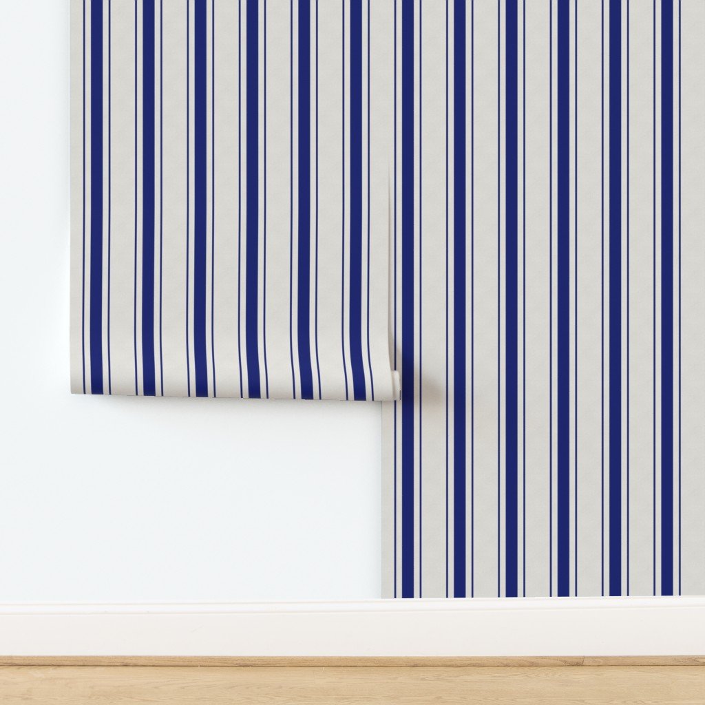 Navy Blue Antique Vintage Mattress Ticking Stripe on Cream Wallpaper design