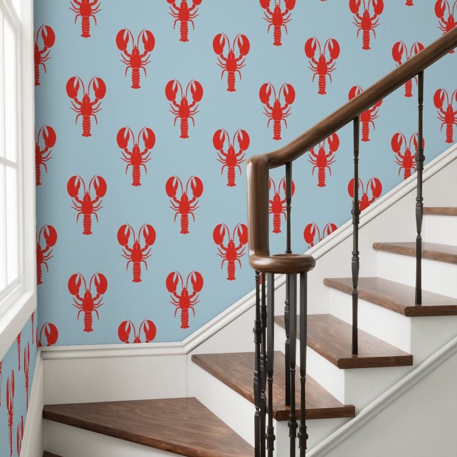 Handdrawn Motif of a Red Lobster on Pale Blue Wallpaper maine lobster wallpaper