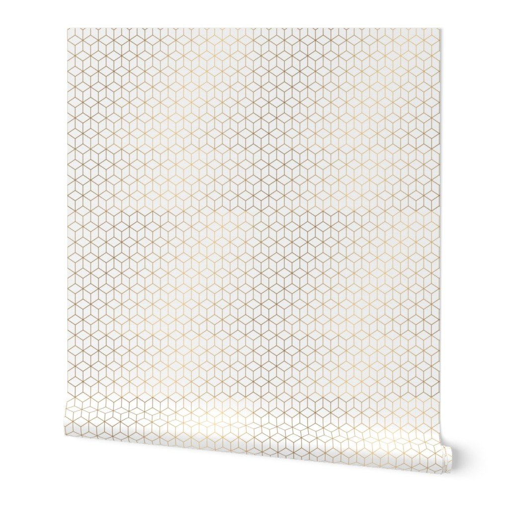 Small White and Faux Metallic Gold Art Deco 3D Geometric Cubes Wallpape faux metallic wallpaper