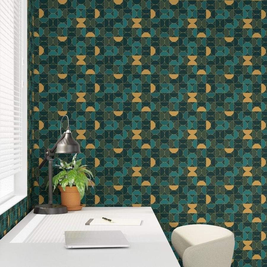 Bold Art Deco Geometric Demi-Circles in Faux Metallic Gold and Brown Wallpaper art deco wallpaper