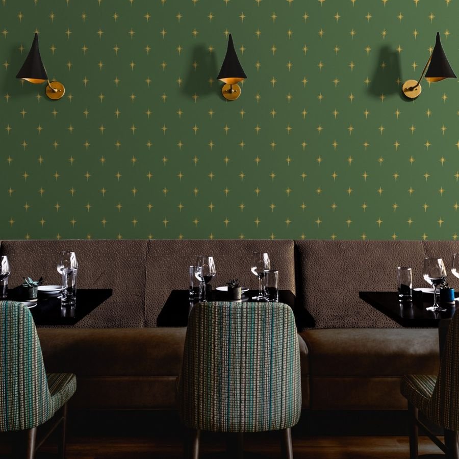 Christmas Faux Gold Foil Star in Fir Tree Green Wallpaper vintage print wallpaper