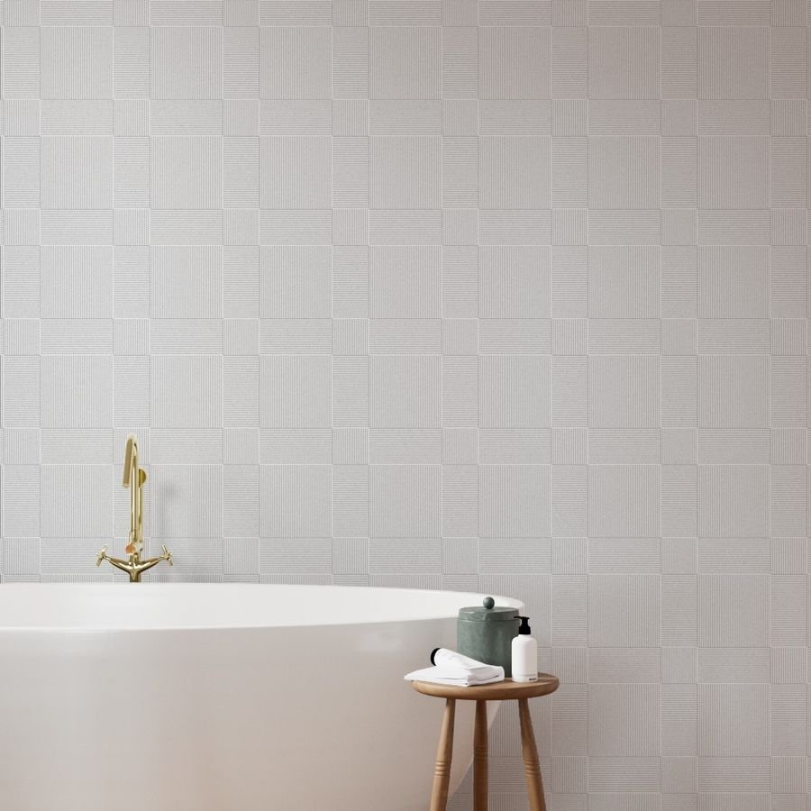Patchwork Quilt Squares in Shades of Grey Seersucker-look Stripes Wallpaper grey quilt wallpaper
