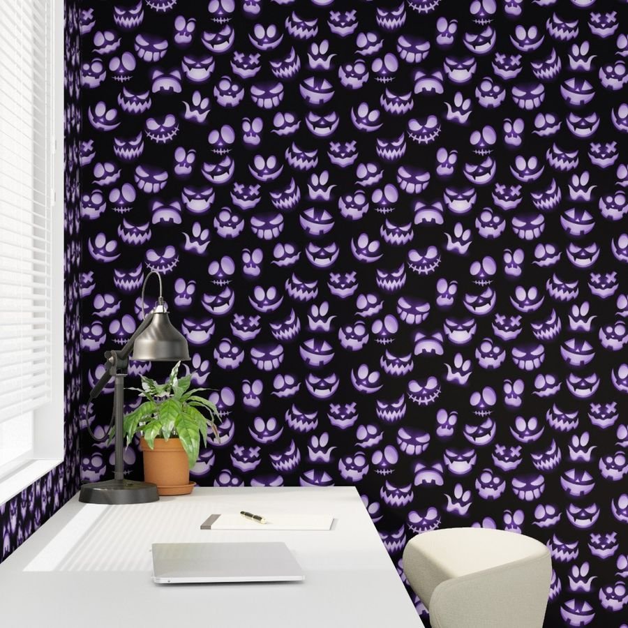 Micro Grinning Halloween Purple Faces on Black Wallpaper purple faces wallpaper