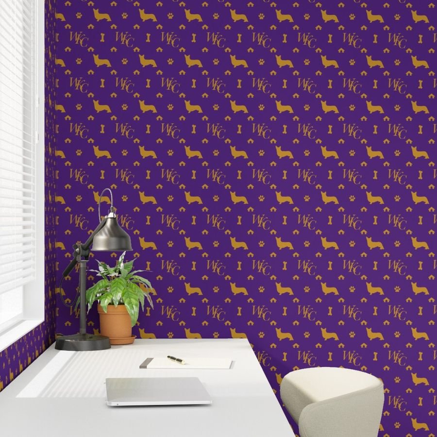 WKC Cardigan Corgis on Purple and Gold Wallpaper luxury monogram wallpaper