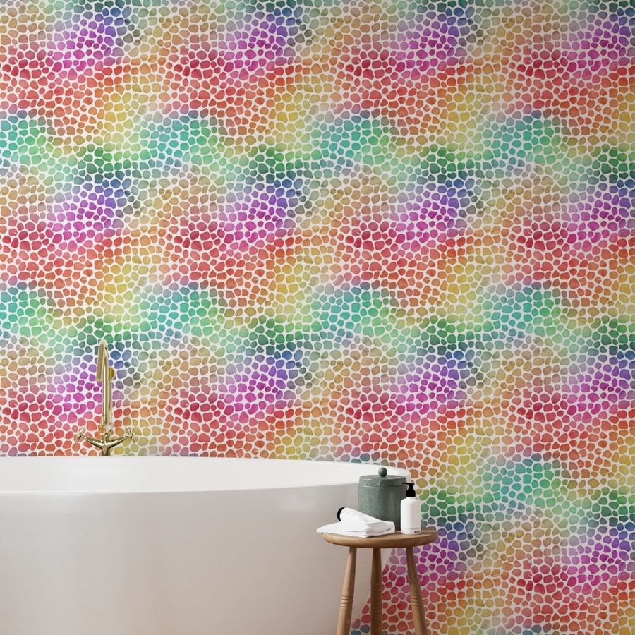 Rainbow Bright Pastel Mosaic Watercolor Spots in Mirror Repeat Wallpaper rainbow print wallpaper