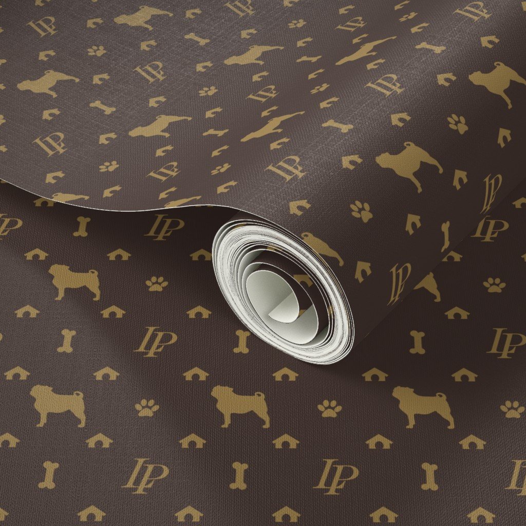 Louis Pug Face Luxury Dog Smaller Pattern in Tan on Brown Wallpaper monogram pug wallpaper