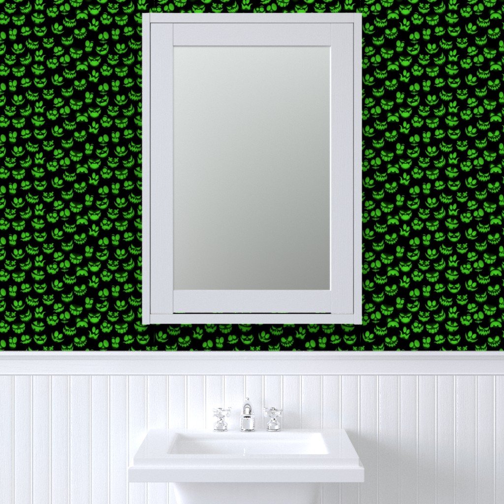 Mini Grinning Halloween Jack o Lantern Faces in Neon Green on Black Wallpaper neon green wallpaper