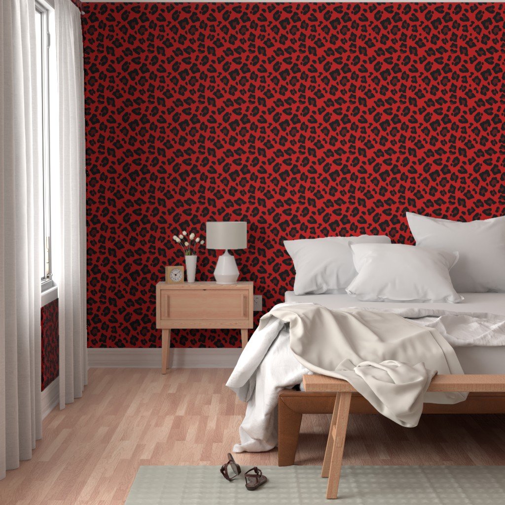 Jumbo Leopard Spots Animal Repeat Pattern Print in Red and Black Wallpaper leopard print wallpaper