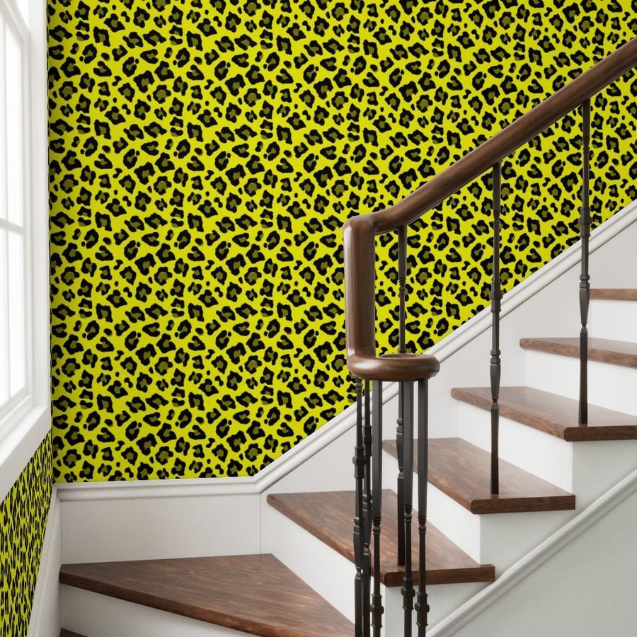 Jumbo Leopard Spots Animal Repeat Pattern Print in Yellow and Black Wallpaper leopard print wallpaper