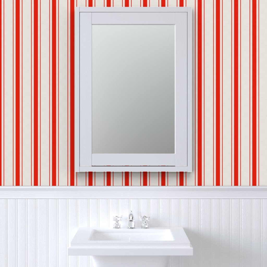 Garnet Red Antique Vintage Mattress Ticking Stripe on Cream Wallpaper red stripes wallpaper