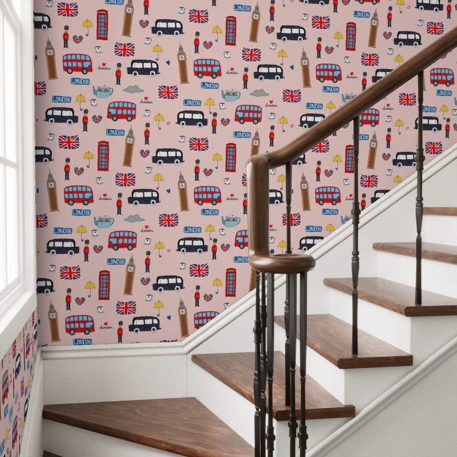 London England Handdrawn Motifs Big Ben Union Jack Palace Guard Wallpaper tea time wallpaper