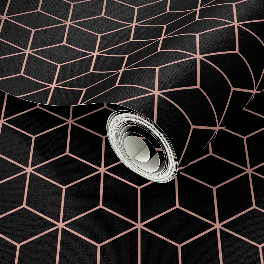 Large Black and Faux Metallic Rose Gold Art Deco 3D Geometric Cubes Wallpaper rose and black wallpaper