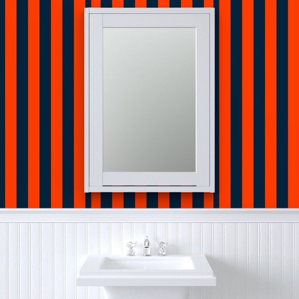 3 Inch Vertical Navy and Orange Cabana Stripes Wallpaper bright orange wallpaper