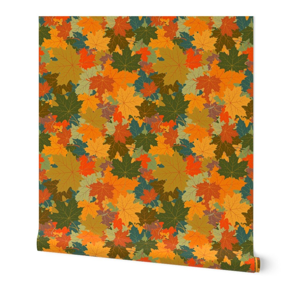 Smaller Autumn Leaves Scattered in Gold Red Brown and Green Wallpaper scattered leaves wallpaper
