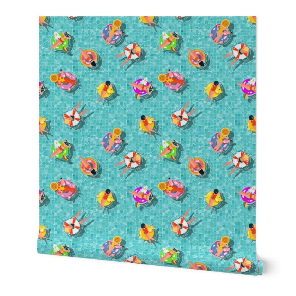 Aqua Summer Pool Party with Ring Floats and Swimmers Wallpaper aqua pool wallpaper