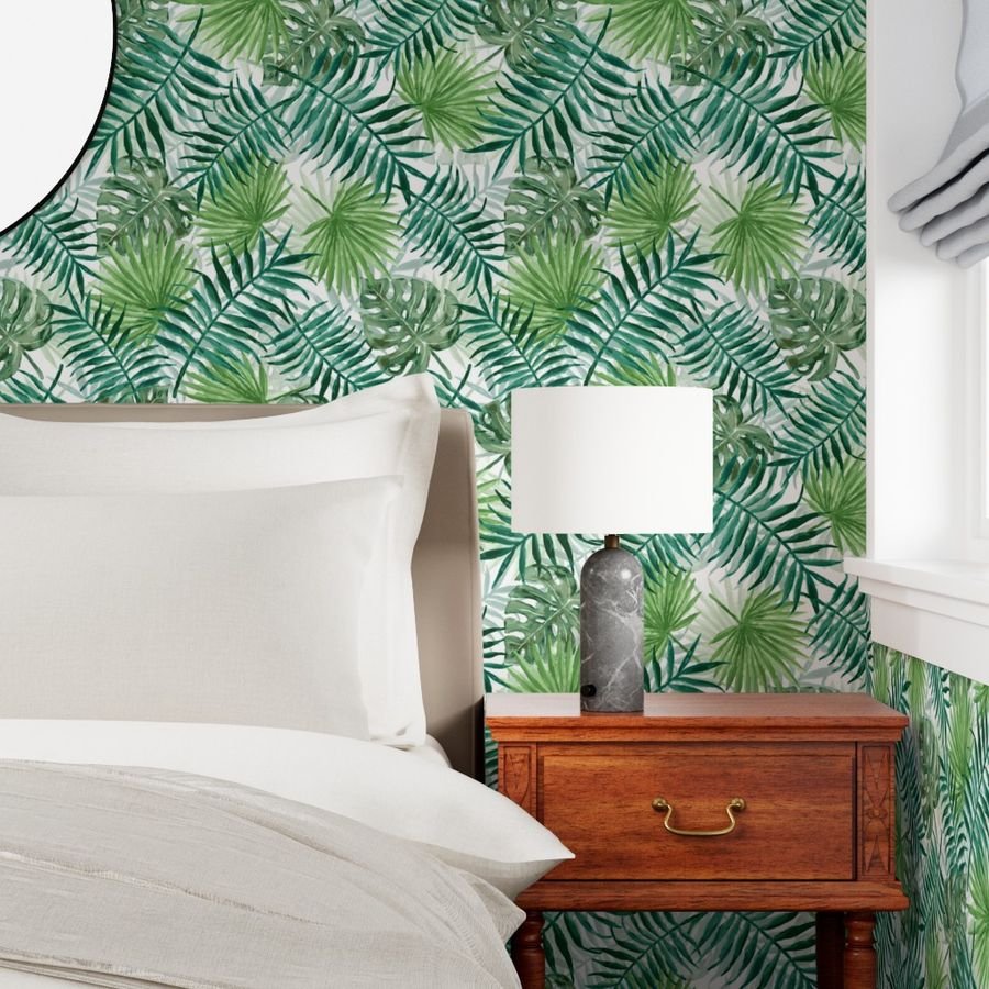 Large Green Fern Palm and Monstera Tropical Plants Wallpaper monstera leaves wallpaper