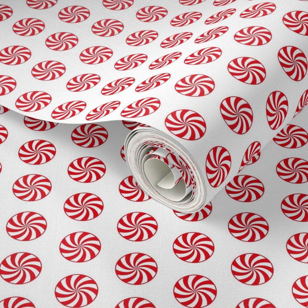 Red and White Peppermint Christmas Candy Swirls on White Wallpaper christmas candy wallpaper